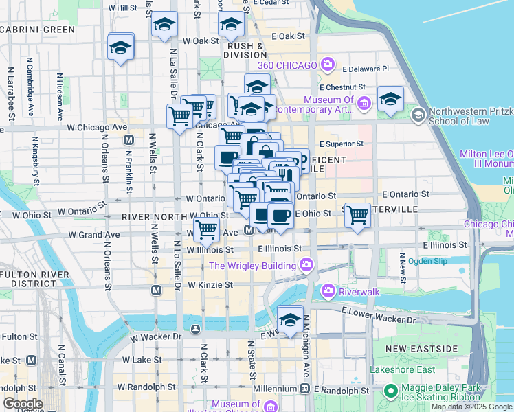 map of restaurants, bars, coffee shops, grocery stores, and more near 650 North Wabash Avenue in Chicago