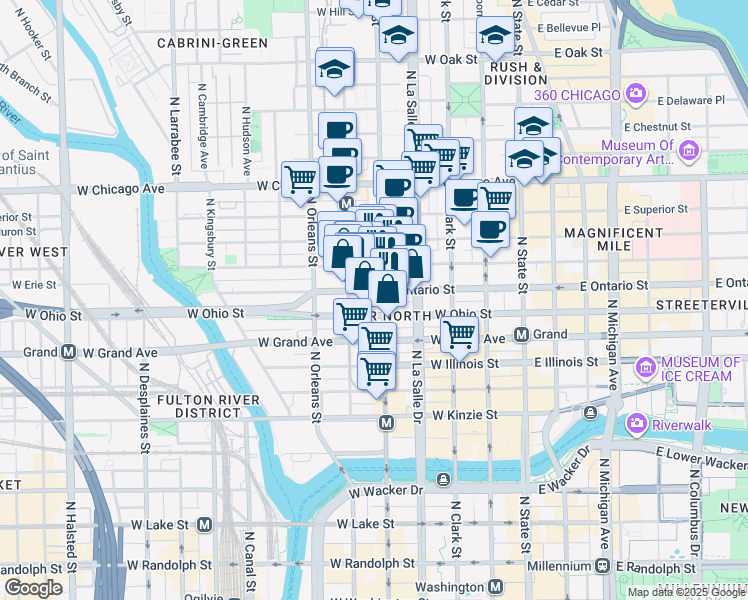 map of restaurants, bars, coffee shops, grocery stores, and more near 634 North Wells Street in Chicago