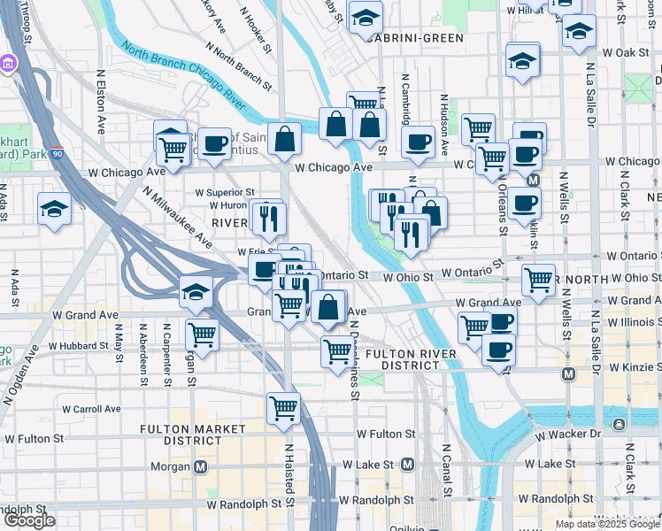 map of restaurants, bars, coffee shops, grocery stores, and more near 630-698 W Erie St in Chicago