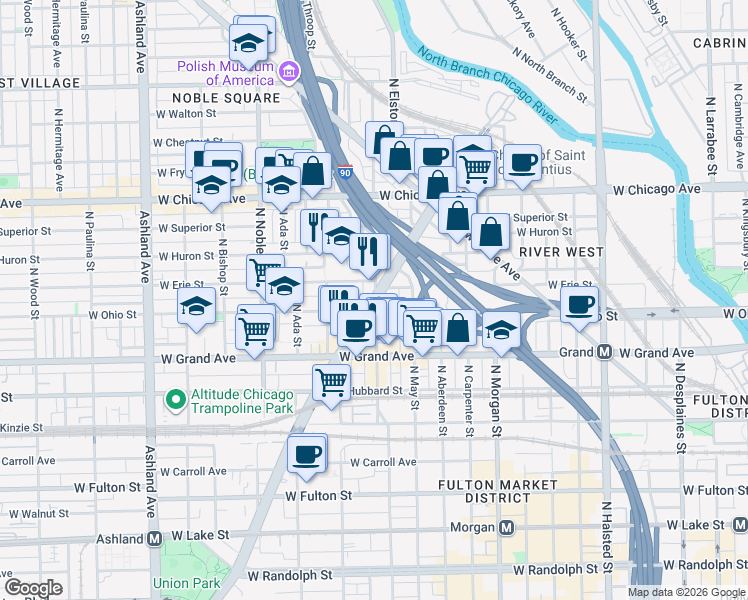 map of restaurants, bars, coffee shops, grocery stores, and more near in Chicago