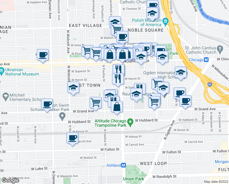map of restaurants, bars, coffee shops, grocery stores, and more near 636 North Ashland Avenue in Chicago