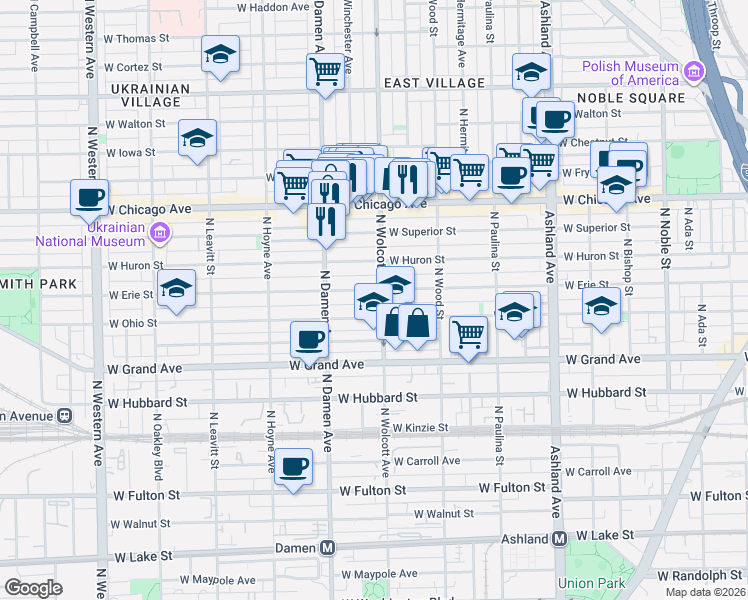 map of restaurants, bars, coffee shops, grocery stores, and more near 1910 West Erie Street in Chicago