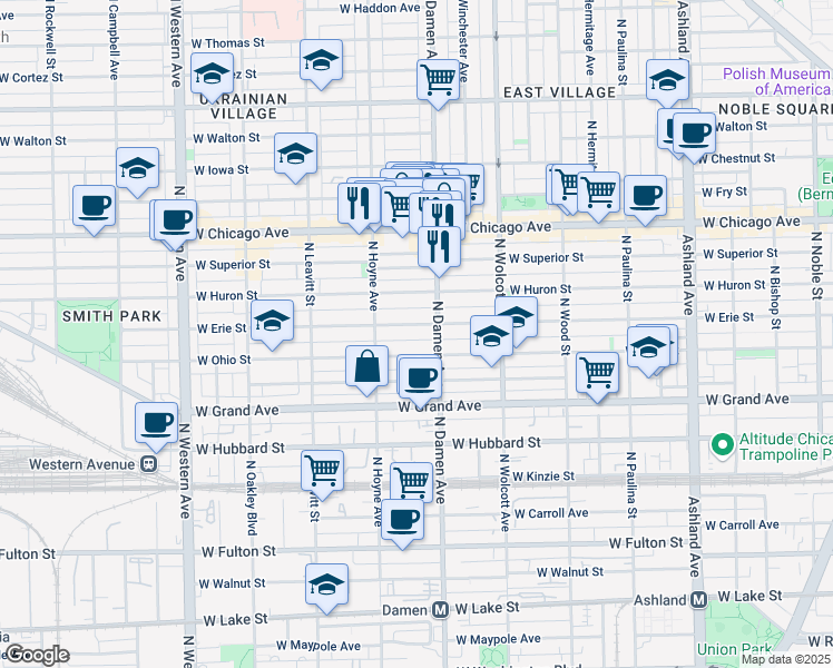 map of restaurants, bars, coffee shops, grocery stores, and more near 2026 West Erie Street in Chicago