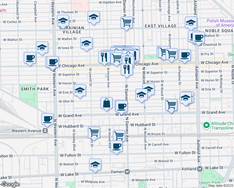map of restaurants, bars, coffee shops, grocery stores, and more near 2026 West Erie Street in Chicago
