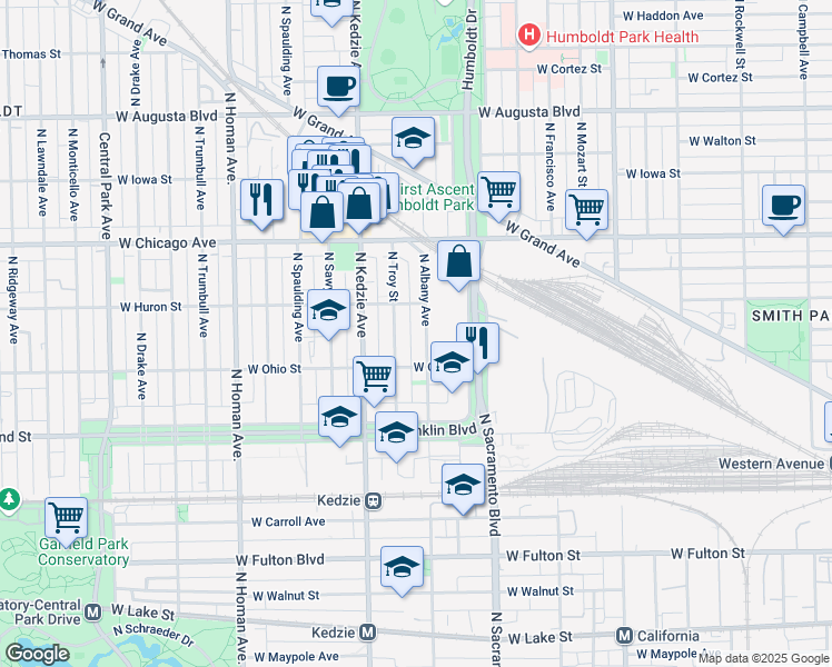 map of restaurants, bars, coffee shops, grocery stores, and more near 3123 West Huron Street in Chicago