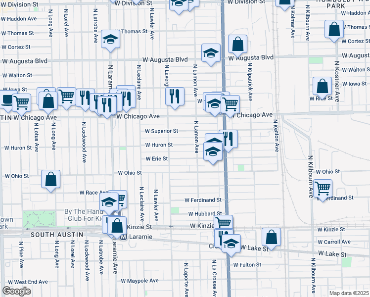 map of restaurants, bars, coffee shops, grocery stores, and more near 4904 West Huron Street in Chicago