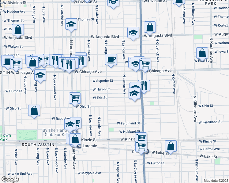 map of restaurants, bars, coffee shops, grocery stores, and more near 4940 West Huron Street in Chicago