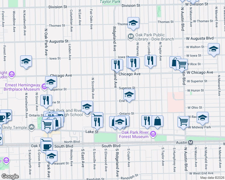 map of restaurants, bars, coffee shops, grocery stores, and more near 410 North Elmwood Avenue in Oak Park