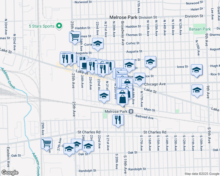 map of restaurants, bars, coffee shops, grocery stores, and more near 164 North 20th Avenue in Melrose Park