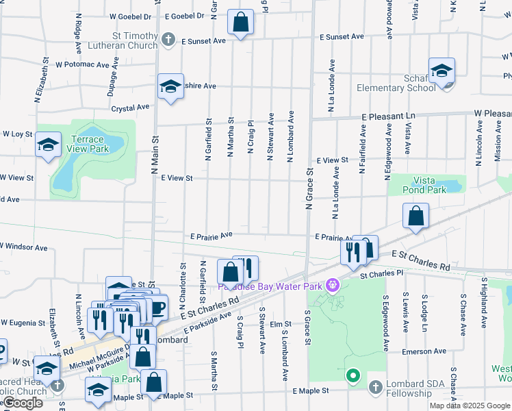 map of restaurants, bars, coffee shops, grocery stores, and more near 254 North Stewart Avenue in Lombard