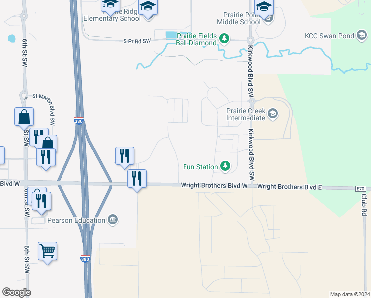 map of restaurants, bars, coffee shops, grocery stores, and more near 8801 Prairie View Lane Southwest in Cedar Rapids