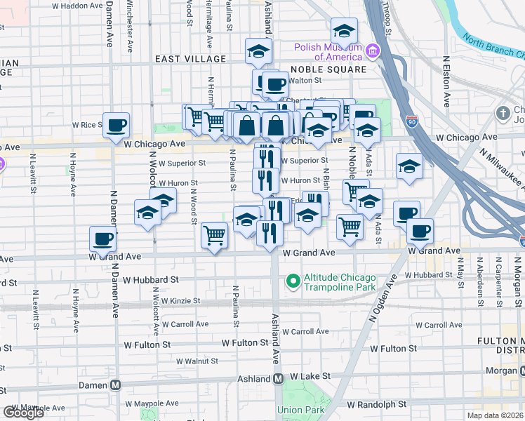 map of restaurants, bars, coffee shops, grocery stores, and more near 1614 West Ontario Street in Chicago