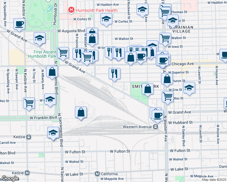map of restaurants, bars, coffee shops, grocery stores, and more near 2675 West Grand Avenue in Chicago