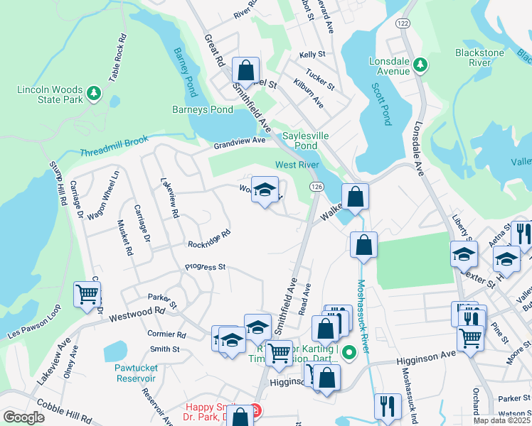 map of restaurants, bars, coffee shops, grocery stores, and more near 50 Woodland Street in Lincoln