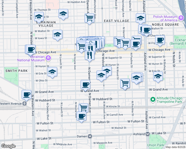 map of restaurants, bars, coffee shops, grocery stores, and more near in Chicago