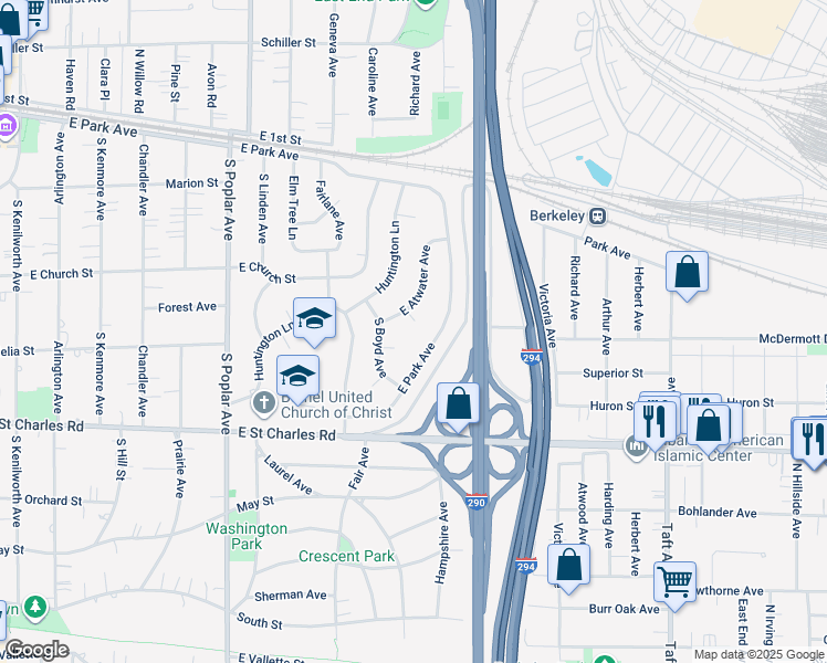 map of restaurants, bars, coffee shops, grocery stores, and more near 412 East Atwater Avenue in Elmhurst