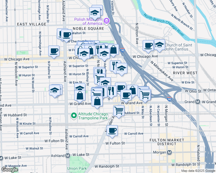 map of restaurants, bars, coffee shops, grocery stores, and more near 610 North Ada Street in Chicago