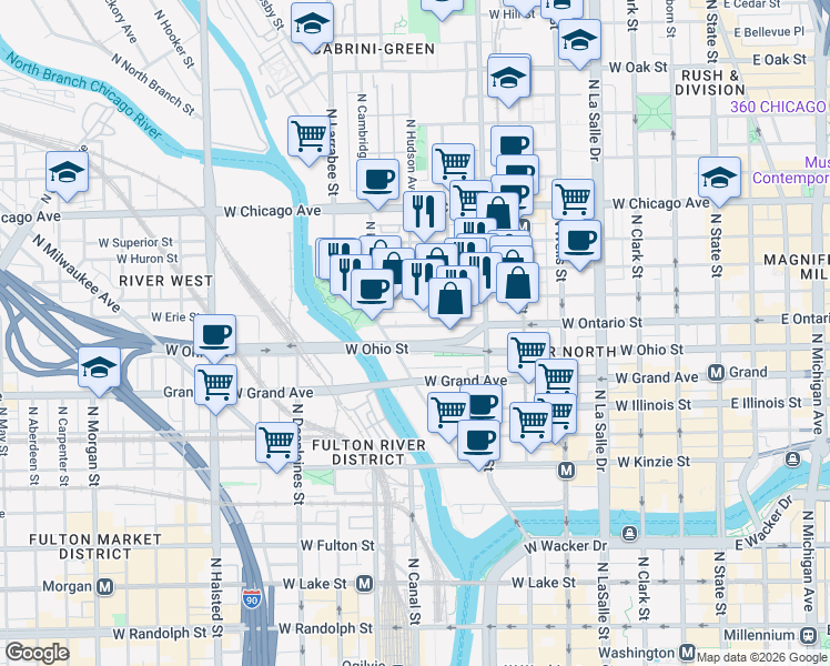 map of restaurants, bars, coffee shops, grocery stores, and more near 435 West Erie Street in Chicago
