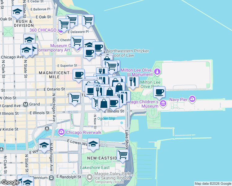 map of restaurants, bars, coffee shops, grocery stores, and more near 644 North Lake Shore Drive in Chicago