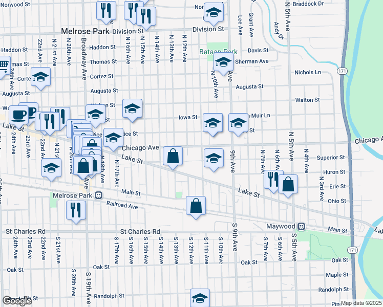 map of restaurants, bars, coffee shops, grocery stores, and more near 702 North 11th Avenue in Melrose Park