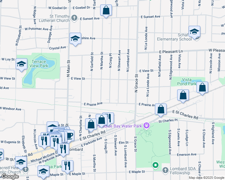 map of restaurants, bars, coffee shops, grocery stores, and more near 254 North Stewart Avenue in Lombard