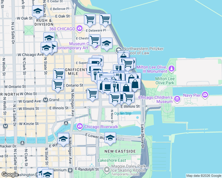 map of restaurants, bars, coffee shops, grocery stores, and more near 333 East Ontario Street in Chicago