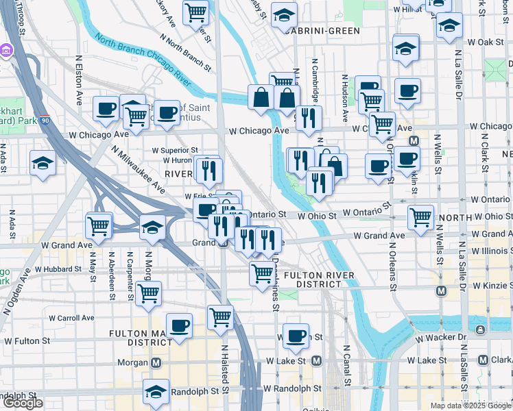 map of restaurants, bars, coffee shops, grocery stores, and more near 630-698 W Erie St in Chicago
