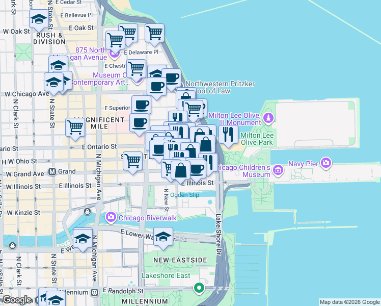 map of restaurants, bars, coffee shops, grocery stores, and more near 432 East Ohio Street in Chicago