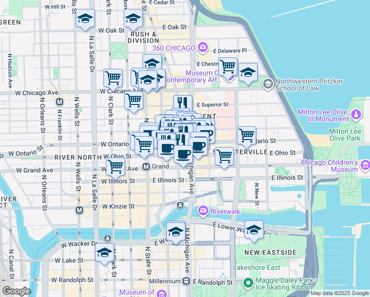 map of restaurants, bars, coffee shops, grocery stores, and more near 101 East Erie Street in Chicago
