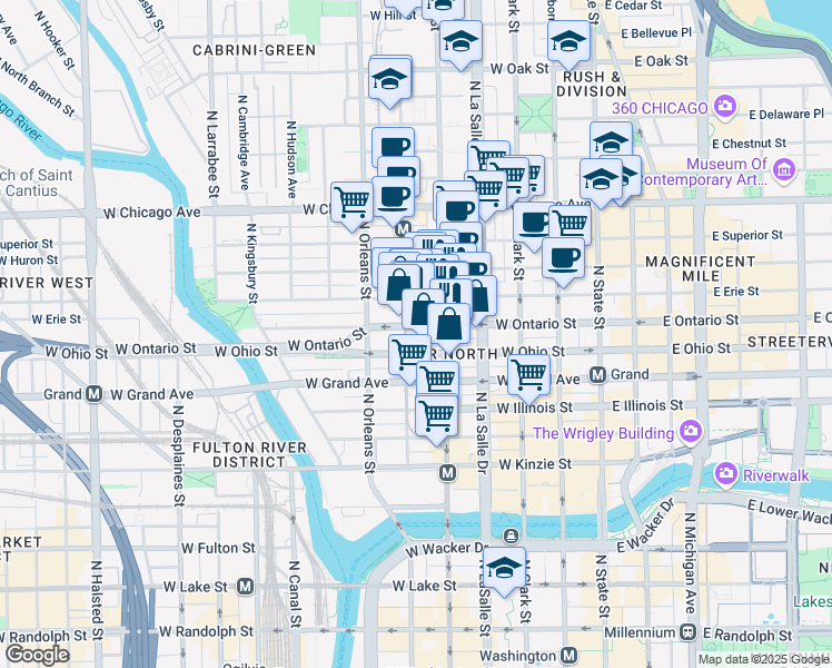 map of restaurants, bars, coffee shops, grocery stores, and more near 634 North Wells Street in Chicago