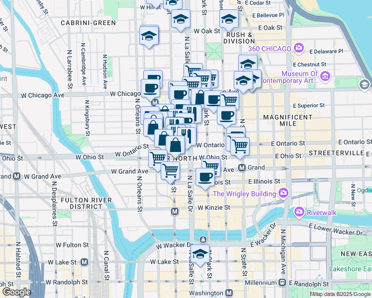 map of restaurants, bars, coffee shops, grocery stores, and more near 620 North LaSalle Street in Chicago