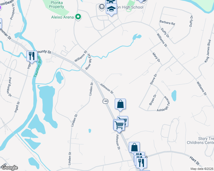 map of restaurants, bars, coffee shops, grocery stores, and more near 6 Johnson Street in Taunton