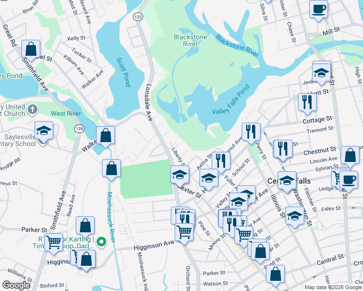 map of restaurants, bars, coffee shops, grocery stores, and more near 15 Echo Street in Central Falls