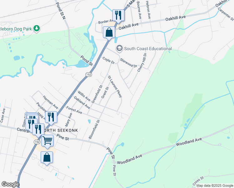 map of restaurants, bars, coffee shops, grocery stores, and more near 100 Saint Laurent Parkway in Seekonk