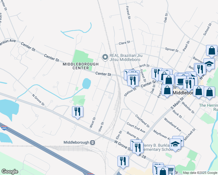 map of restaurants, bars, coffee shops, grocery stores, and more near 23 West Street in Middleborough