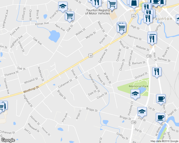 map of restaurants, bars, coffee shops, grocery stores, and more near 421 Cohannet Street in Taunton