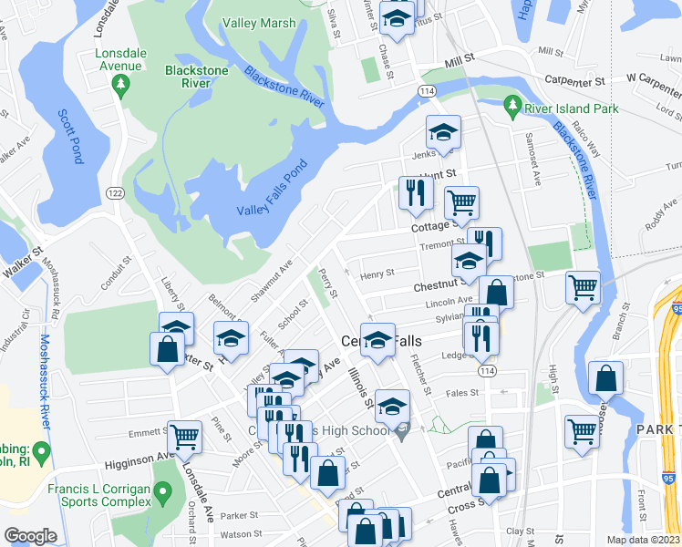 map of restaurants, bars, coffee shops, grocery stores, and more near 189 Tremont Street in Central Falls