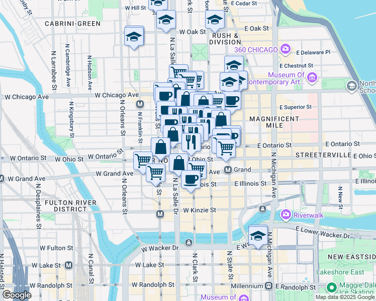 map of restaurants, bars, coffee shops, grocery stores, and more near 100 West Ontario Street in Chicago