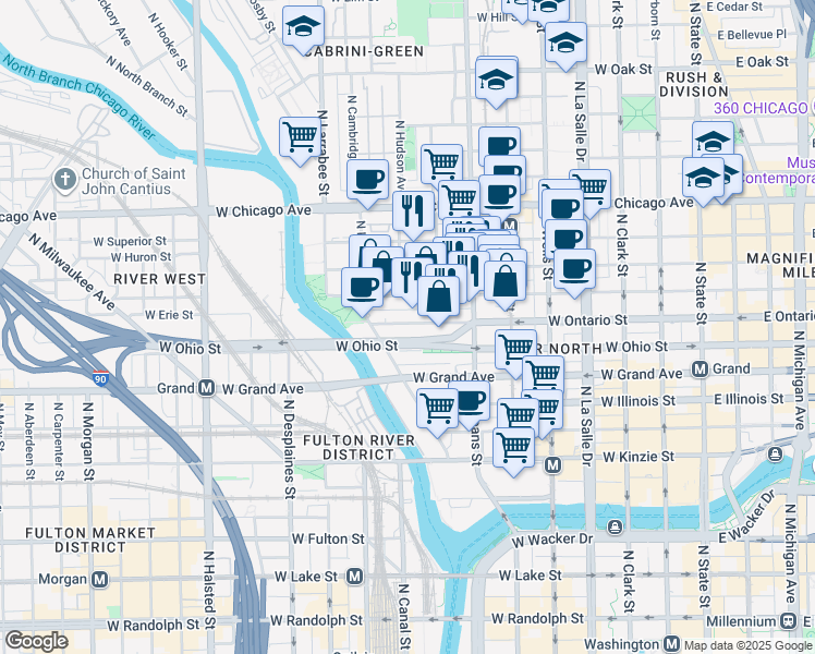 map of restaurants, bars, coffee shops, grocery stores, and more near 416 West Ontario Street in Chicago