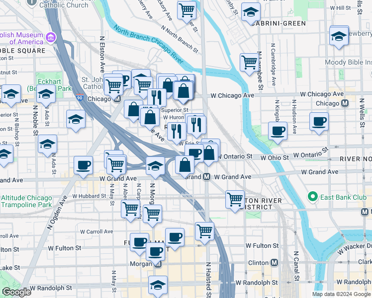 map of restaurants, bars, coffee shops, grocery stores, and more near 848 West Erie Street in Chicago