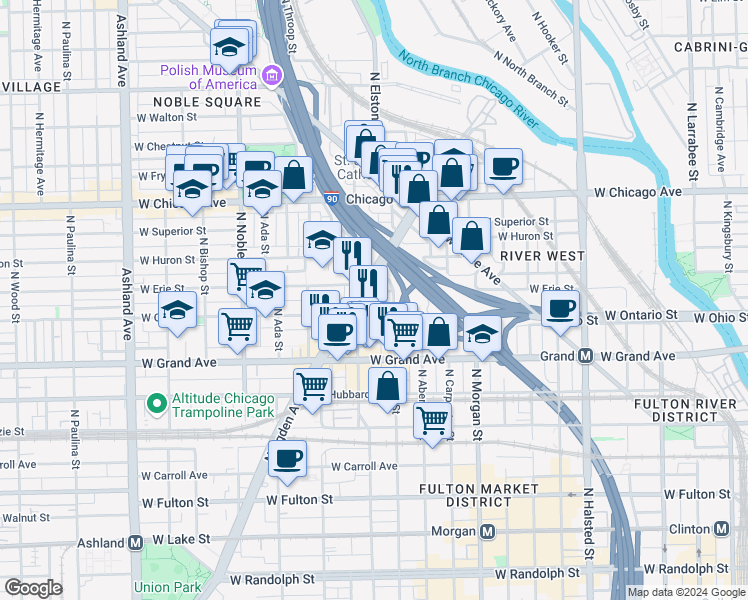 map of restaurants, bars, coffee shops, grocery stores, and more near in Chicago