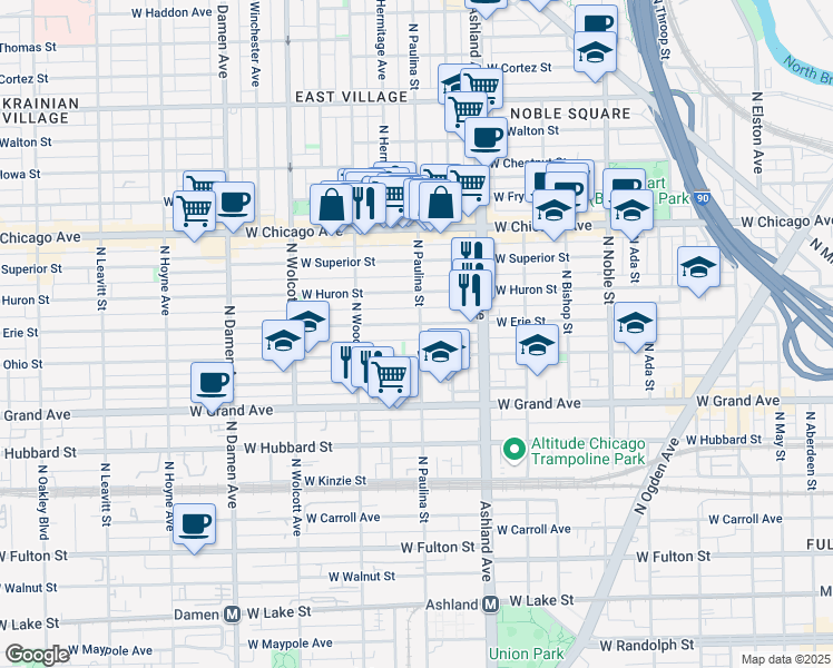 map of restaurants, bars, coffee shops, grocery stores, and more near 1718 West Erie Street in Chicago