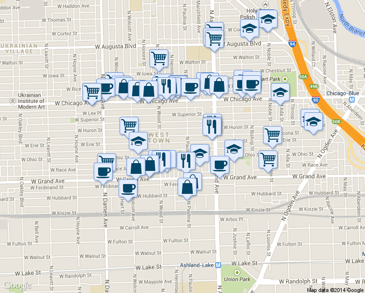 map of restaurants, bars, coffee shops, grocery stores, and more near 1718 West Erie Street in Chicago