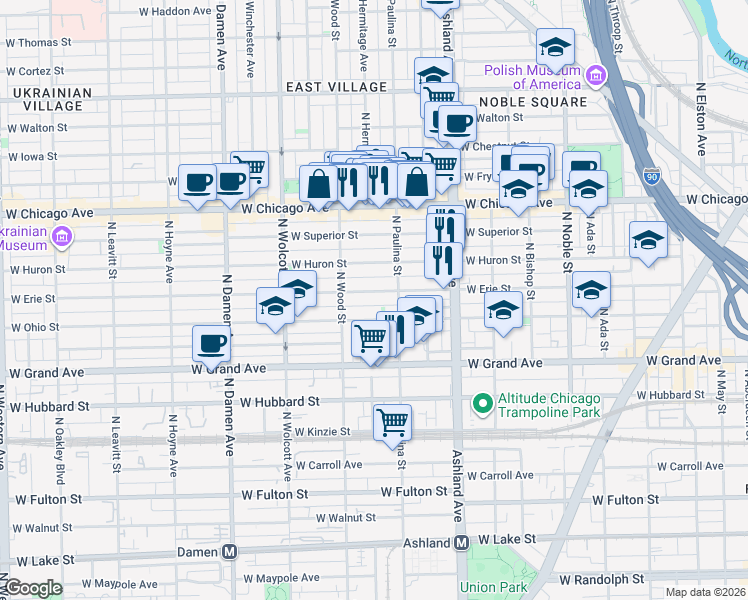 map of restaurants, bars, coffee shops, grocery stores, and more near 1718 West Erie Street in Chicago