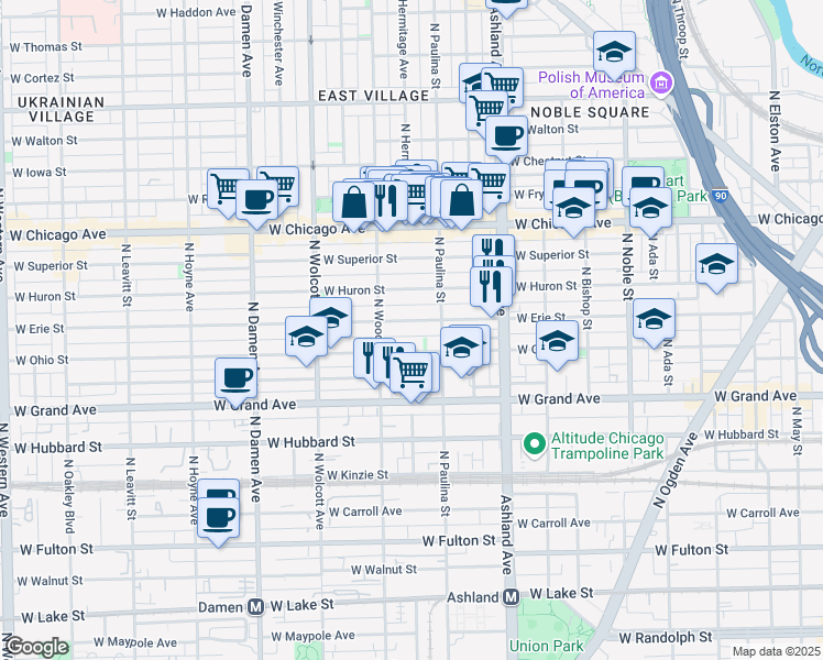 map of restaurants, bars, coffee shops, grocery stores, and more near 1718 West Erie Street in Chicago