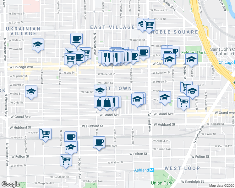 map of restaurants, bars, coffee shops, grocery stores, and more near in Chicago