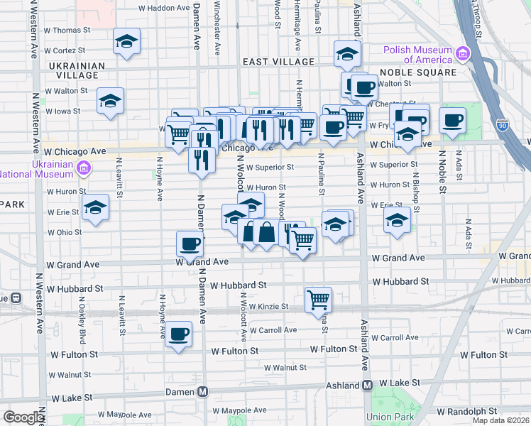 map of restaurants, bars, coffee shops, grocery stores, and more near 1836 West Erie Street in Chicago