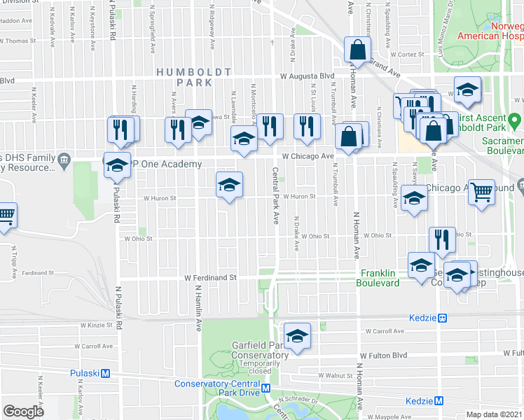 map of restaurants, bars, coffee shops, grocery stores, and more near 657 North Monticello Avenue in Chicago