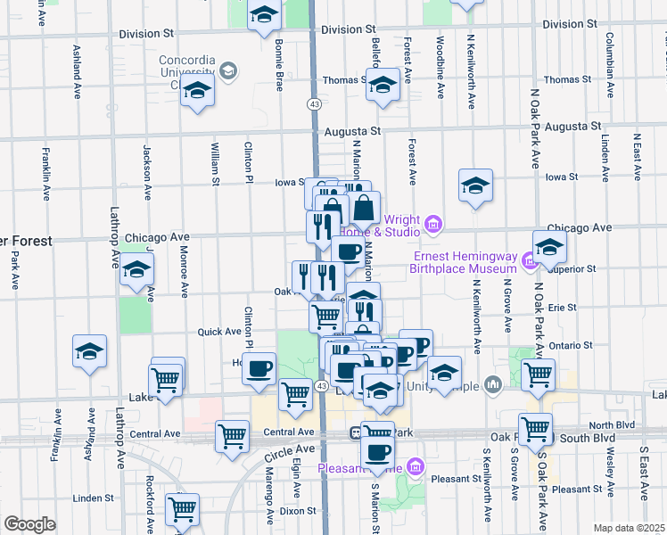 map of restaurants, bars, coffee shops, grocery stores, and more near 411 North Maple Avenue in Oak Park