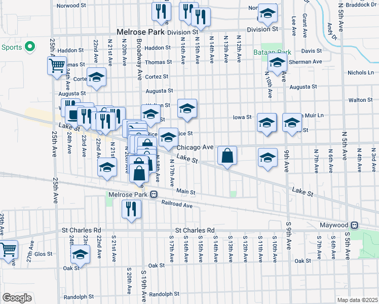 map of restaurants, bars, coffee shops, grocery stores, and more near 702 North 15th Avenue in Melrose Park